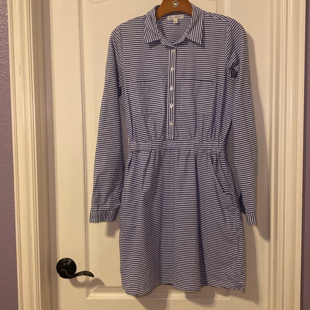 Womens Blue and White Striped Button Up Collared Dress Size Medium NWOT